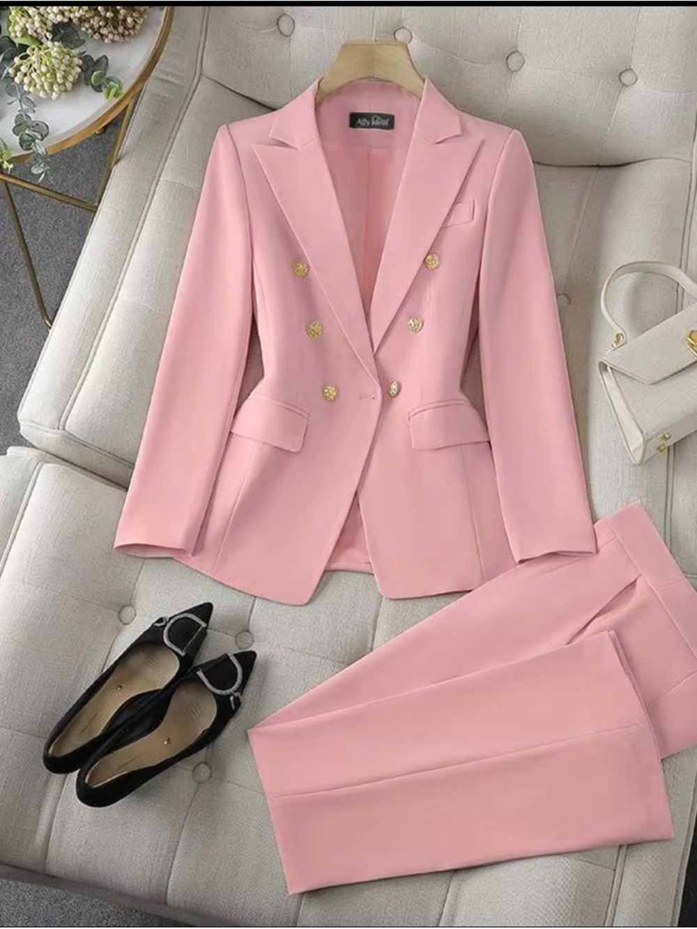 Tailored Double-Breasted Pink Pantsuit with Gold Buttons